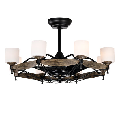 Dia 33 inch Chandelier Ceiling Fan for Bedroom Dining Room Living Room Kitchen Farmhouse Entry,Matte Black+ Wood Grain