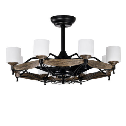 Dia 33 inch Chandelier Ceiling Fan for Bedroom Dining Room Living Room Kitchen Farmhouse Entry,Matte Black+ Wood Grain