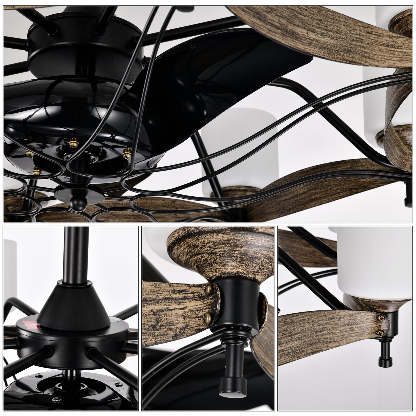 Dia 33 inch Chandelier Ceiling Fan for Bedroom Dining Room Living Room Kitchen Farmhouse Entry,Matte Black+ Wood Grain