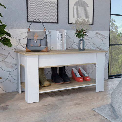 Storage Table, One Extendable Table Shelf, Four Legs, Lower Shelf -Light Oak / White