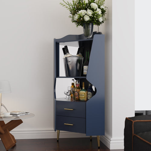 Wooden Corner bar cabinet with 2 open storage shelves and 2 drawers, mirrored back sideboard cabinet, high feet/legs for easy cleaning, buffet cabinet BLUE