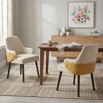 Set of 2 Beige & Yellow Two-Tone Fabric Dining Armchairs, Modern Accent Chairs for Dining Room