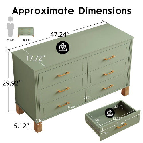 Sage Green 6-Drawer Modern Solid Wood Frame Bedroom Storage Dresser