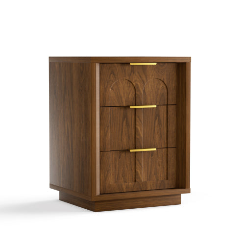 2-Piece Walnut Nightstand Set with 3 Drawers, Modern Bedside Table with Arched Drawer Design