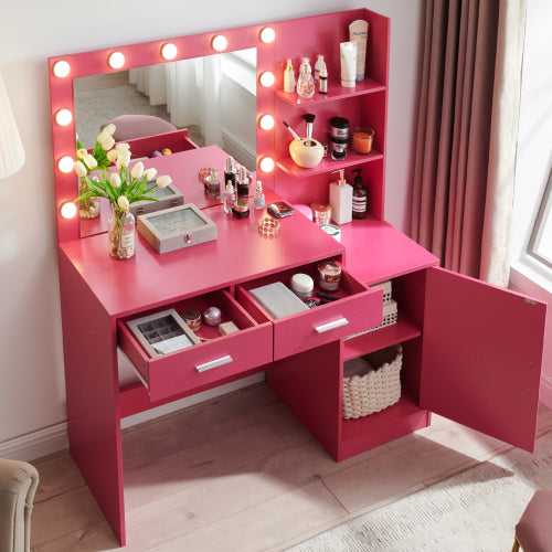 Rose Pink Vanity Desk with Mirror & Lights, 46.4IN Dressing Table, 2 Large Drawers & Vertical Organizer, 3 Lighting Modes