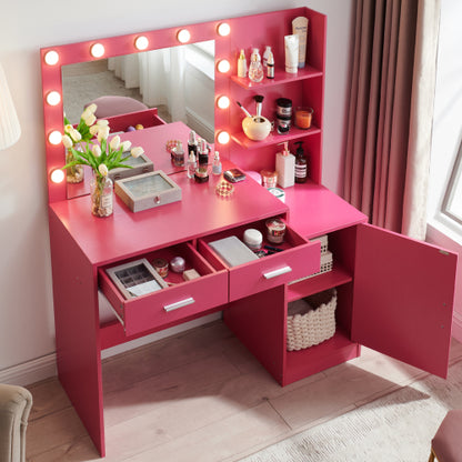 Rose Pink Vanity Desk with Mirror & Lights, 46.4IN Dressing Table, 2 Large Drawers & Vertical Organizer, 3 Lighting Modes