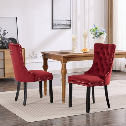 Set of 2 Burgundy Velvet Dining Chairs, Solid Wood Tufted Chairs with Triple Elastic Cushion