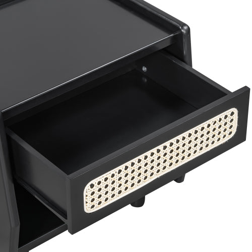 Black Nightstand with Rattan Detail, MDF + Solid Wood, Modern Bedroom Storage, Open Shelf & Drawer, Indoor Furniture