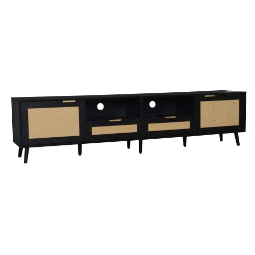 78.74 Inch Farmhouse Rattan TV Stand Solid Wood Leg Media Console Supports 85 Inch TV