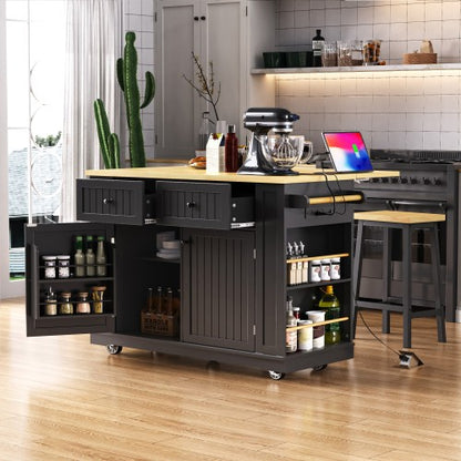 48inch Kitchen Island with 2 Bar Stools, Power Outlet, Internal Storage Rack, Kitchen Storage Cart on 5 Wheels with Drop Leaf, 5 Open Side Racks, Drawers, Black (Old SKU N707S000015B)(Three Packages)