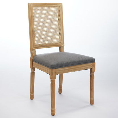 Set of 2 Gray French Louis Square Rattan Back Carved Solid Wood Dining Chairs, Antique Paint Frame 300 LBS Capacity