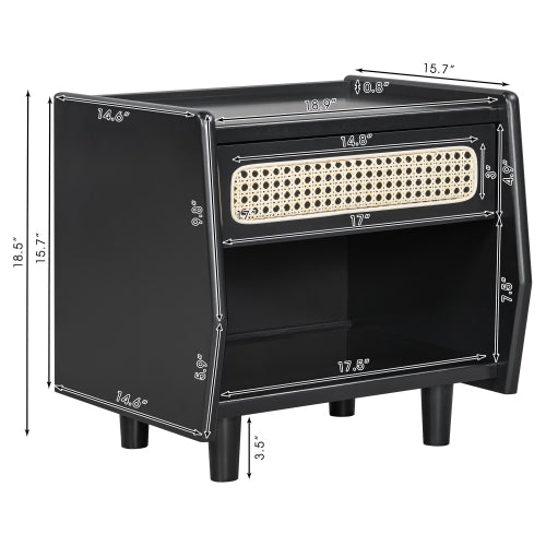 Black Nightstand with Rattan Detail, MDF + Solid Wood, Modern Bedroom Storage, Open Shelf & Drawer, Indoor Furniture