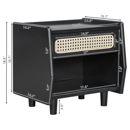Black Nightstand with Rattan Detail, MDF + Solid Wood, Modern Bedroom Storage, Open Shelf & Drawer, Indoor Furniture