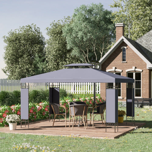Outsunny 10' x 13' Patio Gazebo, Double Roof Outdoor Gazebo Canopy Shelter with Screen Decorate Corner Frame, for Garden, Lawn, Backyard and Deck, Gray