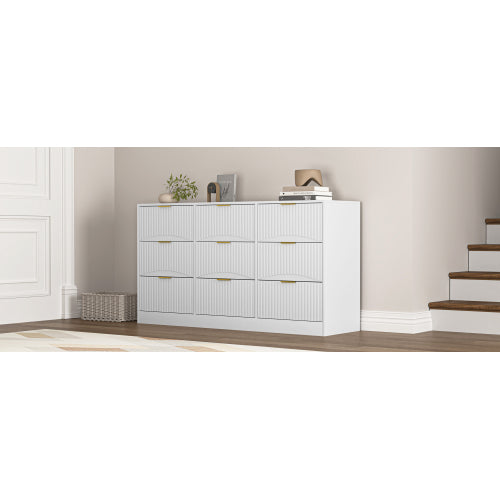 White 9 Drawer Dresser, 63" Large Deep Chest of Drawers, Wooden Dresser Storage Cabinet with 9 Drawers for Bedroom, Long Dressers for Living Room, Hallway, Drawer panel with wavy patterns