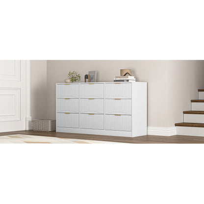 White 9 Drawer Dresser, 63" Large Deep Chest of Drawers, Wooden Dresser Storage Cabinet with 9 Drawers for Bedroom, Long Dressers for Living Room, Hallway, Drawer panel with wavy patterns