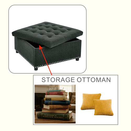 Dark Grey Tufted Square Storage Ottoman with Nailhead Trim, Upholstered Footstool for Living Room & Bedroom