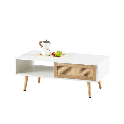 Rattan Coffee Table Sliding Door Storage Wood Leg White Modern Living Room Table