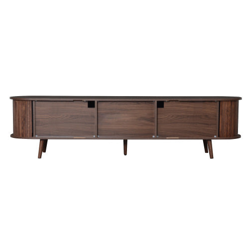 70.8 Inch Dark Brown Mid-Century Sliding Door TV Stand Solid Wood Leg Media Console Fits 80 Inch TV
