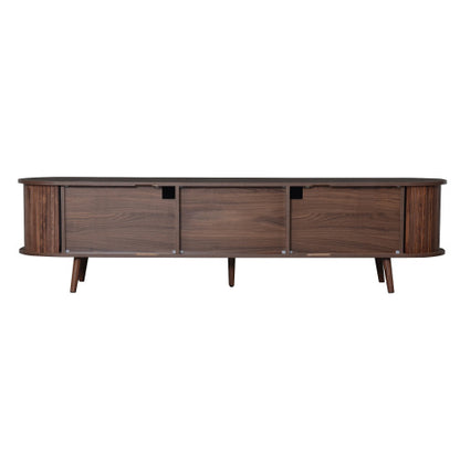 70.8 Inch Dark Brown Mid-Century Sliding Door TV Stand Solid Wood Leg Media Console Fits 80 Inch TV