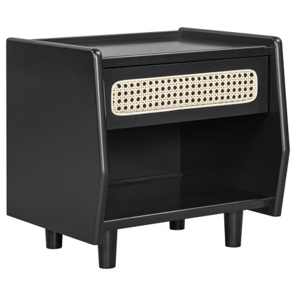 Black Nightstand with Rattan Detail, MDF + Solid Wood, Modern Bedroom Storage, Open Shelf & Drawer, Indoor Furniture