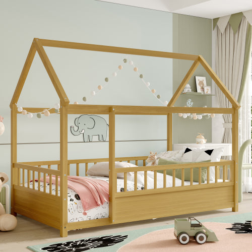 Twin Size Floor Wooden Bed with House Roof Frame, Fence Guardrails,(Twin,Natural)