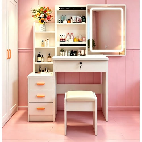White Modern Vanity Set with LED Mirror, Cushioned Stool, Sliding Glass Door, 3 Lighting Modes, Bedroom Dressing Table