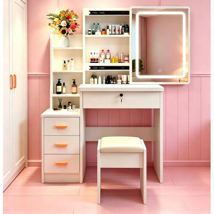 White Modern Vanity Set with LED Mirror, Cushioned Stool, Sliding Glass Door, 3 Lighting Modes, Bedroom Dressing Table