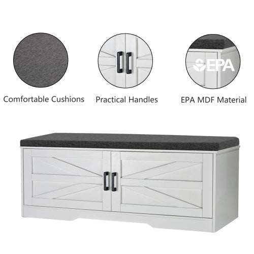 2-Tier Storage Bench, Farmhouse Shoe Bench with Padded Seat Cushion, Entryway Bench with 2 Barn Doors & 2 Adjustable Shelves, 13.75inch  D x 39.4inch  W x 17.72inch  H, for Entryway, Bedroom, Living Room, White