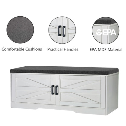 2-Tier Storage Bench, Farmhouse Shoe Bench with Padded Seat Cushion, Entryway Bench with 2 Barn Doors & 2 Adjustable Shelves, 13.75inch  D x 39.4inch  W x 17.72inch  H, for Entryway, Bedroom, Living Room, White