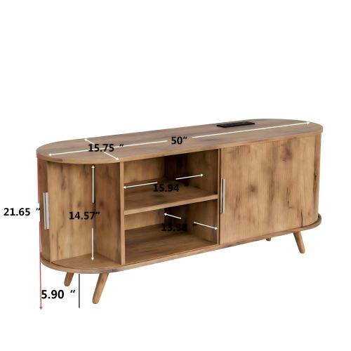Natural Oak 50 Inch Fluted TV Stand with Power Outlets, Sliding Door Media Console for TVs Up to 55 Inch TV