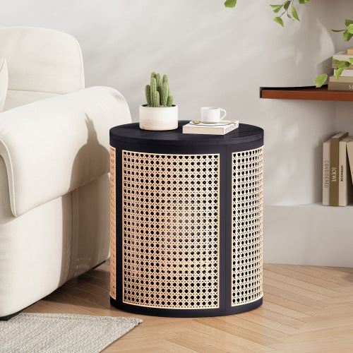 Round Rattan End Table, 15.7 Inch Woven Side Table with Rubber Wood Top, Small Nightstand for Living Room Bedroom, Black