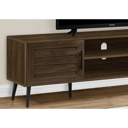 72 Inch Transitional Brown Laminate TV Stand with Black Wood Legs & Dual Storage Cabinets