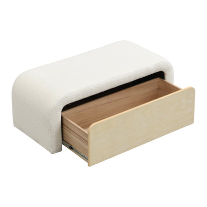 White Boucle Ottoman with Drawer, Upholstered Storage Footrest