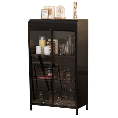 47.6 Inch Tall Metal Storage Cabinet With Glass Doors Flip Top 4-Tier Freestanding Sideboard For Multi Room Use