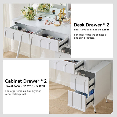 White Modern Vanity Desk Set, Fluted Wave Panel, 3 Color Dimmable LED Mirror, Adjustable Side Cabinet & PU Stool
