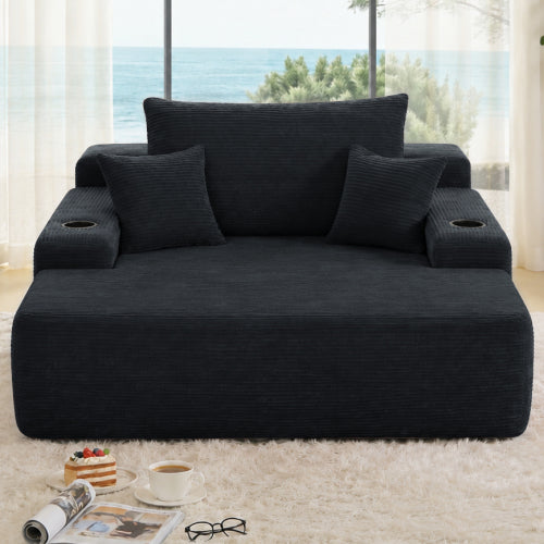 Black Convertible Corduroy Boneless Chaise Lounge Sleeper Sofa-Bed Wide Armrest Cup-Holder & Throw Pillows No-Assembly
