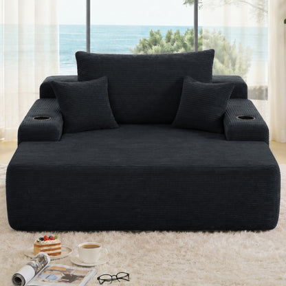 Black Convertible Corduroy Boneless Chaise Lounge Sleeper Sofa-Bed Wide Armrest Cup-Holder & Throw Pillows No-Assembly