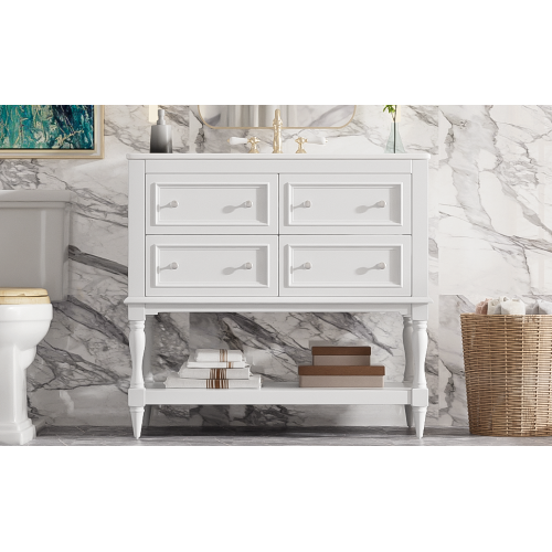 36" Bathroom Vanity Cabinet with Sink Combo Set, Undermount Ceramic Sink, Free Standing Vanity Set with 4 Drawers, Solid Wood Frame Bathroom Cabinet, White