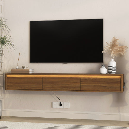Wall Mount Floating High Gloss TV Cabinet with LED Lights & Power Outlet for Living Room