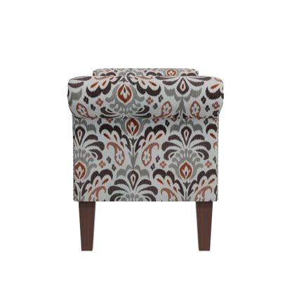 Traditional Rolled Arm Storage Bench Otttoman with Pewter Nailhead Trim in Amber Damask Pattern with Dark Brown Solid Wood Legs