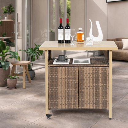Outdoor Wicker Bar Cart, Patio Wine Serving Cart w/Wheels , Rolling Rattan Beverage Bar Counter Table w/Glass Top for Porch Backyard Garden Poolside Party, Beige