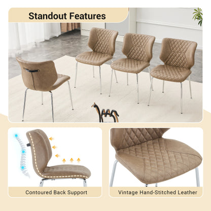 Set of 2 Khaki Crazy Horse Oil Wax Leather Dining Chairs, Electroplated Metal Leg Diamond Tuft High Back Chairs