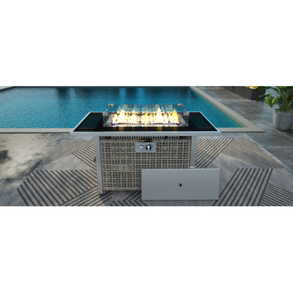 43 Propane Gas Fire Pit Table, 60000 BTU Rectangular Open Weave Wicker Fire Pit with Glass Wind Guard for Outside Patio Deck Garden Backyard