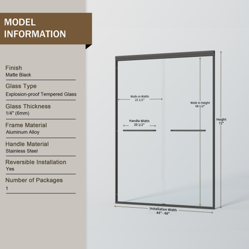 44-48 in. W x 72 in. H Double Sliding Shower Door, Semi-frameless Bypass Bathroom Sliding Door with 1/4" (6mm) Tempered Glass for Walk-in Shower, Matte Black 24D03-48MBX
