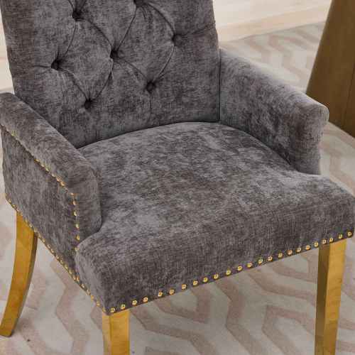 Tufted Chenille Dining Armchair with Nailhead Trim and Steel Legs, Gray