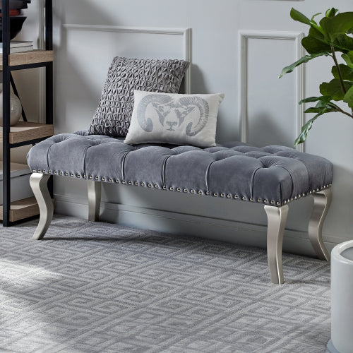 Decor Tufted Fabric Upholstered Bench Nailhead Trim , Gray