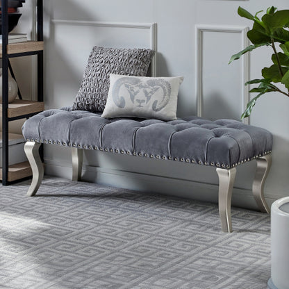 Decor Tufted Fabric Upholstered Bench Nailhead Trim , Gray