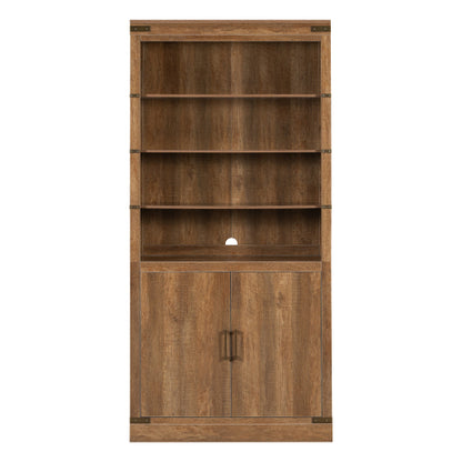 83.4 Inch Tall Walnut Farmhouse Bookshelf with LED Light & Adjustable Shelves Closed Storage Cabinet