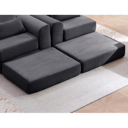 Grey Corduroy Modular Compression Ottoman, Spring Padding No-Assembly Multi-Use Floor Seat for Living Room